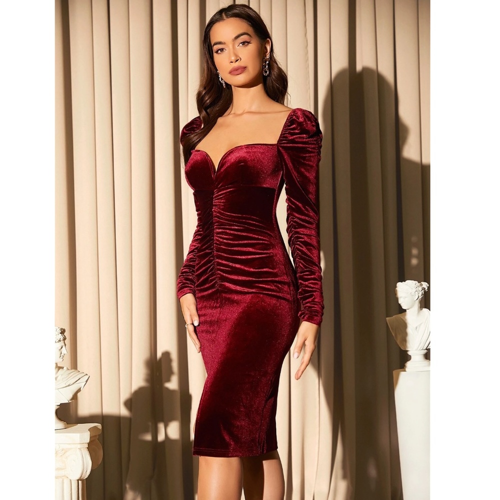 Velvet Burgundy Glamorous Dress Puff Long Sleeve Midi Leg Slit Sweetheart - Picture 2 of 7